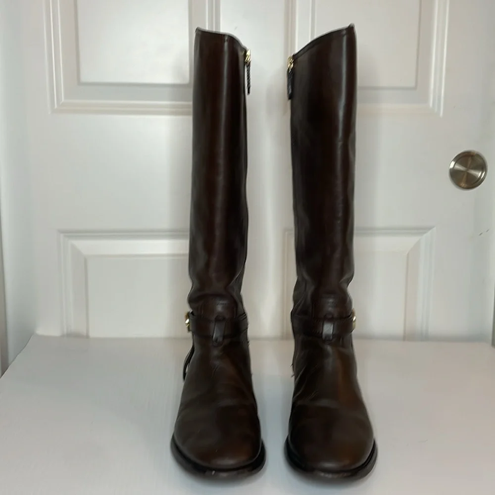 Tory Burch Riding Bristol Boots Women’s Sz 8 Brown Coconut Gold Leather Side Zip